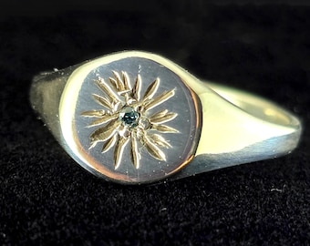Floral Dandelion Signet Ring with Blue Diamond, Sterling Silver Nature Jewelry US Sz 8