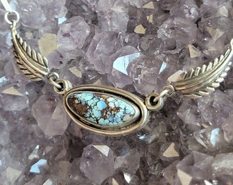 Forest Druid Sterling Silver and Golden Hills Turquoise, Leaf Casting Shield Necklace