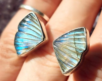 Butterfly Wing Hug Ring, Carved Labradorite and Sterling Silver, Adjustable Sz 7 and Up