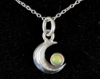 Crescent Moon with Opal Pendant Necklace in Sterling Silver