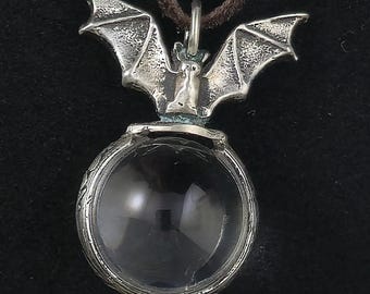 Bat in Flight Pool of Light Necklace in Sterling Silver, Crystal Ball Pendant
