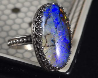 Cultured Opal Quartz Doublet Galaxy Ring in Sterling Silver, Size 8