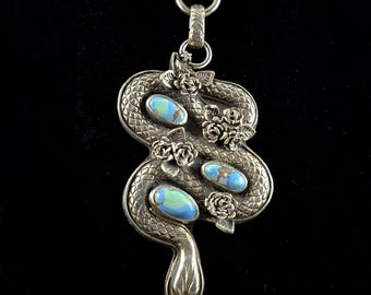 Mama Snake and 3 Eggs, Genuine Golden Hills Turquoise and Sterling Silver Pendant Necklace