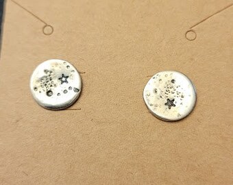 Full Moon Stud Earrings in Sterling Silver, Night Sky Themed Star Stamped Design