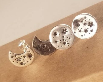 Sterling Silver Crescent or Full Moon Stud Earrings, Made to Order