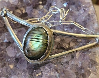 Labradorite Shield Necklace, Handmade Paperclip Chain