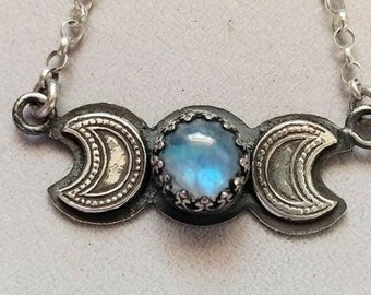 Goddess Hecate Triple Moon Wiccan Moonstone Sterling Silver