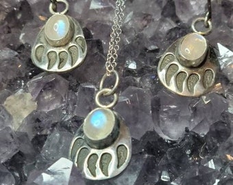 Big Bear Paw -- Sterling Silver Pendant and Earring Set with Rainbow Moonstone