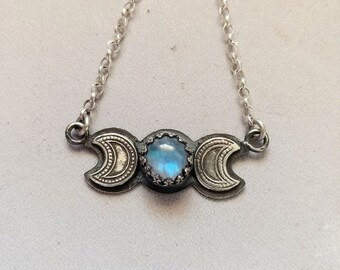 Moonstone Crescent Phases -- Sterling Silver Handmade Artisan Jewelry