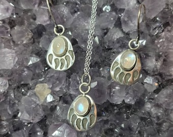 Big Bear Southwestern Paw with Rainbow Moonstone in Sterling Silver Pendant and Earrings Set