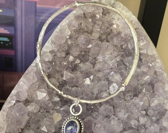 Botanical Twig Bangle with Kyanite Charm, Sterling Silver Sandcast Bracelet
