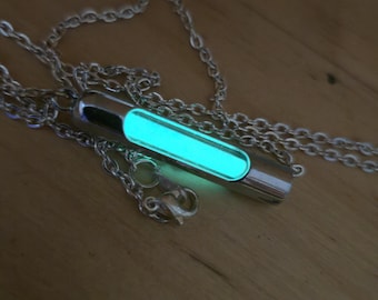 Glow in the Dark Blue Stardust Capsule Necklace in Silver