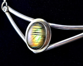 Amulet of the Ancient Queens, Labradorite Shield Necklace in Sterling Silver