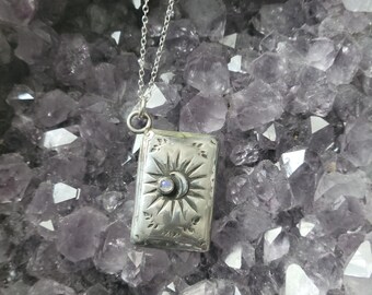 Sterling Silver Tarot Card Charm with Rainbow Moonstone, Sun Major Arcana XIX