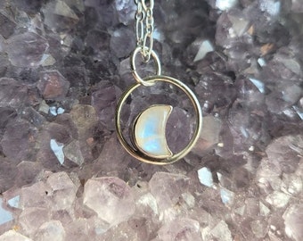 Sterling Silver and Moonstone-- Rainbow Flash -- Crescent Moon Pendant Necklace