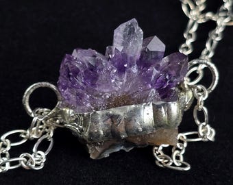 Raw Amethyst Crystal Necklace, Handmade Soft Soldered Tiffany Style Jewelry