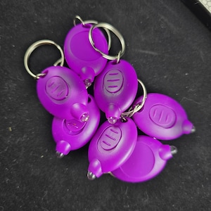 Könnte beinhalten: Eine Ansammlung kleiner, violetter LED-Taschenlampen, die an silbernen Schlüsselringen befestigt sind. Jede Taschenlampe hat eine abgerundete Form mit einem Knopf und einem kleinen Licht an der Spitze. Die Taschenlampen sind vor einem dunklen Hintergrund angeordnet.