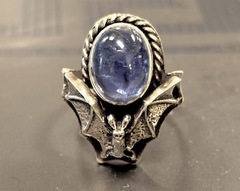 Sterling Silver Bat Ring with Blue Kyanite — Gothic Halloween Jewelry US sz 9
