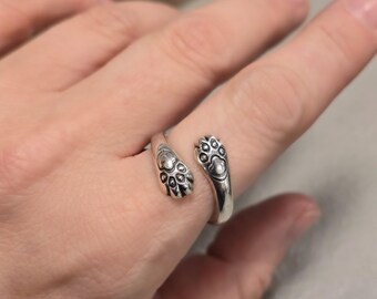 Adjustable Cat Paw Hugging Ring in Sterling Silver, Customizable Pet Loss Memorial