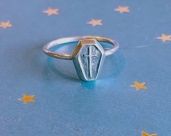 Sterling Silver Coffin Ring with Cross, Gothic Stacking Ring