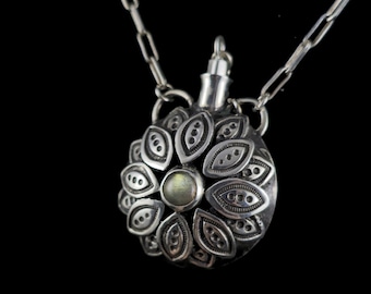 Geometric Flower Perfume Keepsake Bottle in Sterling Silver with Labradorite, Ashes Keeper, Pet or Loved One Memento Mori, Herb Keeper