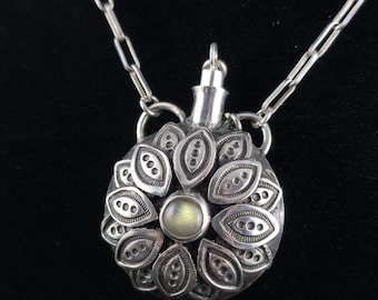 Geometric Flower Perfume Keepsake Bottle in Sterling Silver with Labradorite, Ashes Keeper