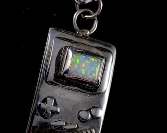 Retro Video Game Handheld Sterling Silver Charm Pendant with Cultured Opal Screen