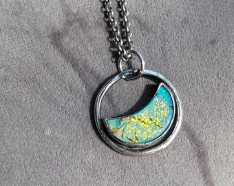 Mountain Top Moon -- Sterling Silver and Rainbow Cultured Opal -- Pendant Necklace