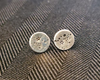 Full Moon Stud Earrings Handstamped in Sterling Silver, Ready to Ship