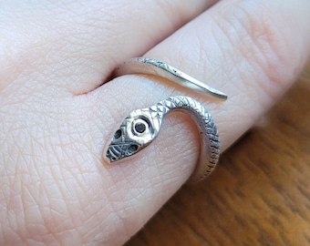 Third Eye Black Diamond Snake Adjustable Wrap Ring, Sterling Silver