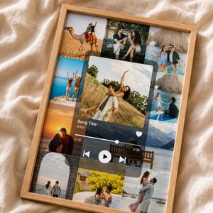 Può includere: Una cornice rettangolare in legno contenente un collage di diverse fotografie che ritraggono coppie in vari ambienti esterni. Un'interfaccia semi-trasparente di un lettore musicale è centrata sul collage e mostra il testo Song Title e Artist.