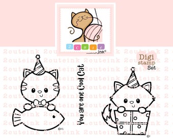 Birthday Cats Digital Stamps Set - Birthday Digital Stamps - Cat Digital Stamp - Kitty Digital Stamp - Printable Cat Coloring Page