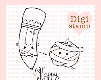 Franken Pencil and Mummy Apple Digital Stamp - Halloween Digital Stamp - Digital Halloween Stamp - Halloween Art - Halloween Card Supply
