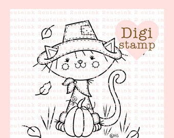Scarecrow Cat Digital Stamp - Cat Digital Stamps - Scarecrow Digital Stamps - Fall Digi Stamps - Cat Digital Downloads