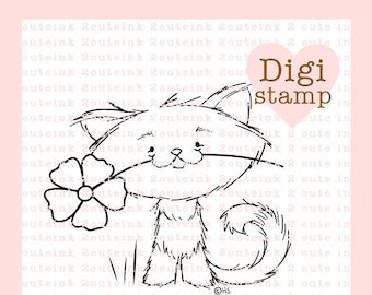 Primrose Kitty Digital Stamp, Cat Digital Stamp, Cat Printable, Card making, Coloring Page