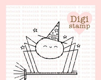 Spider Witch Digital Stamp for Card Making, Paper Crafts, Scrapbooking, Hand Embroidery, Invitations, Stickers, Coloring Pages