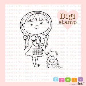 Girl Digital Stamp - Girl and Dog Digital Stamp - Digital Girl Stamp - Girl Card Supply - Girl Craft Supply