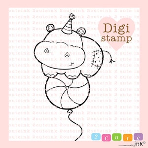 Hippo Balloon Digital Stamps for Card Making, Paper Crafts, Scrapbooking, Stickers, Coloring Pages