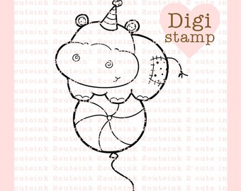 Hippo Balloon Digital Stamps for Card Making, Paper Crafts, Scrapbooking, Stickers, Coloring Pages