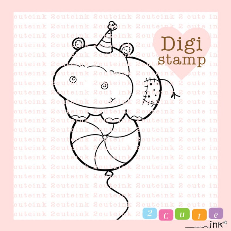 Hippo Balloon Digital Stamps for Card Making, Paper Crafts, Scrapbooking, Stickers, Coloring Pages image 1