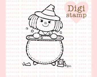 Cauldron Witch Digital Stamp - Halloween Stamp - Digital Halloween Stamp - Witch Art - Witch Card Supply - Halloween Craft Supply