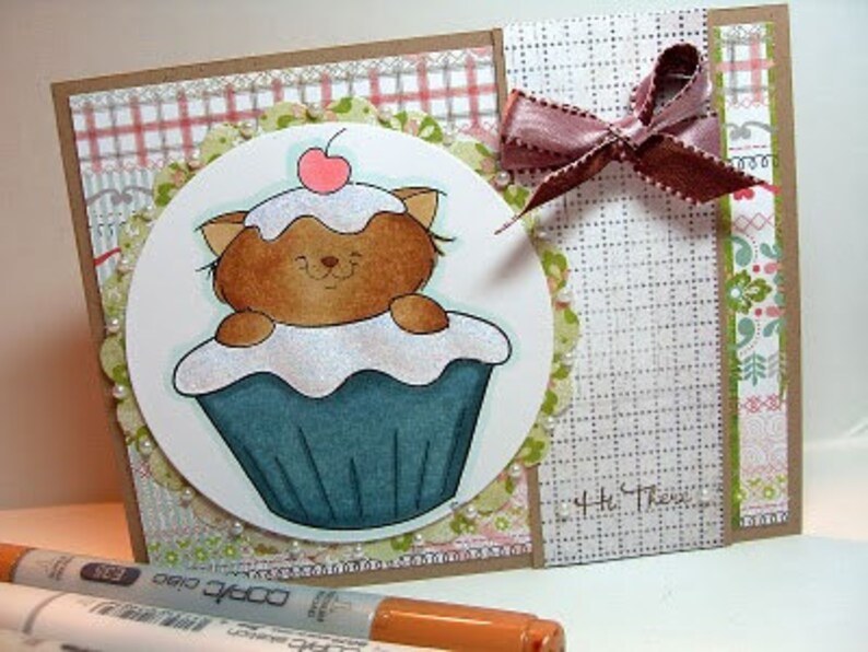 Cupcake Kitty Digital Stamp for Card Making, Paper Crafts, Scrapbooking, Hand Embroidery, Invitations, Stickers, Cookie Decorating image 2