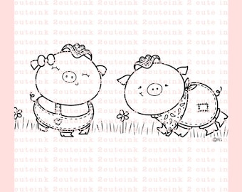 Country Pig Couple 2Cute Ink Digital Stamp for Card Making
