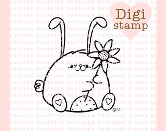 Sunflower Bunny Digital Stamp for Card Making and Paper Crafts
