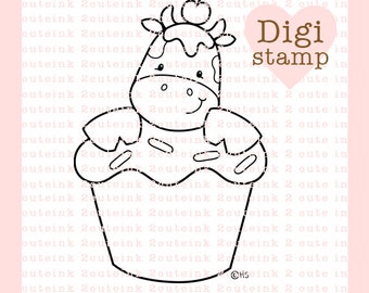 Cupcake Cow Digital Stamp - Birthday digi - Cow digital art for - Card Making - Paper Crafts - Scrapbooking - Stickers - Coloring Pages