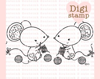 Crocheting and Knitting Mice Digital Stamp - Crochet Stamp - Digital Knitting Stamp - Mice Art - Crochet Card Supply - Knitting Craft Supply