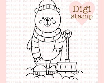 Snow Time Bear Digital Stamp - Polar Bear Digi Stamp - Digital Winter Stamp - Polar Bear Art - Winter Digital Stamps - Coloring Pages