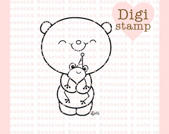 Birthday Friends (bear and frog) Digital Stamp for Card Making, Paper Crafts, Scrapbooking, Invitations, Stickers, Coloring Pages
