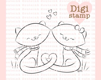 Fall In Love Kitties Digital Stamp Line Art for Card Making, Paper Crafts, Scrapbooking, Hand Embroidery, Jewlery, Coloring Pages