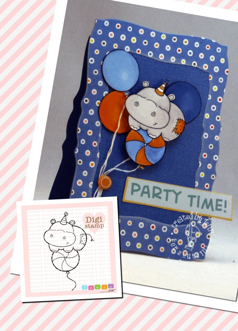 Hippo Balloon Digital Stamps for Card Making, Paper Crafts, Scrapbooking, Stickers, Coloring Pages image 2